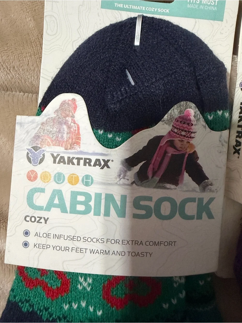 Yaktrax Kids Cabin Socks - Navy Green Pattern & Multicolor Stripes